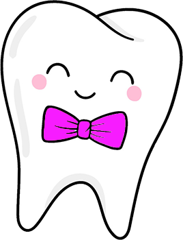 The image features a cartoon tooth character with a pink bow tie, wearing a big smile and looking directly at the viewer.