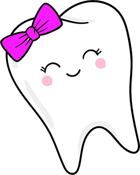 A cartoon illustration of a tooth with eyes, a pink bow, and a cheerful expression.